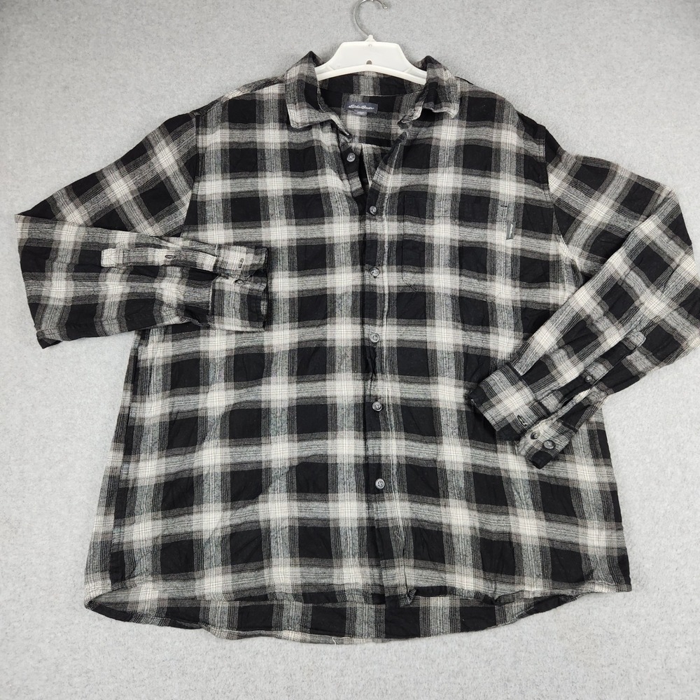 Eddie Bauer Casual Flannel Shirt Mens XL Black Gray Plaid Long Sleeve Button Up